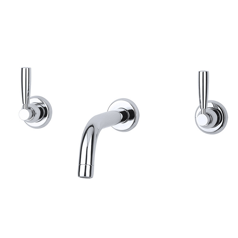 An image of Perrin & Rowe 3321 Wall Mounted Three Hole Basin Mixer Tap, Lever Handles